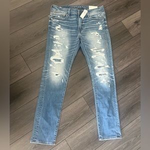American Eagle Men’s Skinny Airflex Temp Tech Jeans Ripped Patched 36/34 NWT